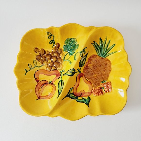 California Pottery Divided Platter, Yellow/Orange, Hand Painted Fruit Decor USA - Picture 1 of 10